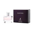 Maison Alhambra Euzonea by Maison Alhambra 100ml EDP for Women — Clear glass perfume bottle with pink liquid and silver cap, next to a dark purple box with gold text and deer logo.