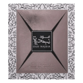 Afnan Supremacy Noir by Afnan 100ml EDP Men — Black perfume bottle and matching box with embossed leaf design on white