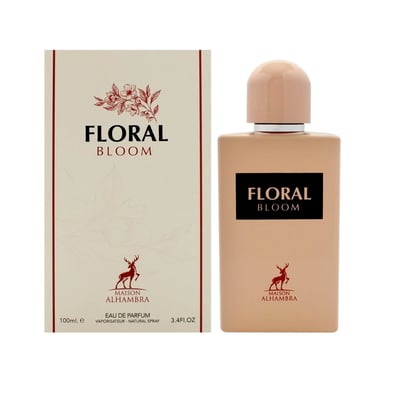 Maison Alhambra Floral Bloom — A beige perfume box and a matching beige perfume bottle are displayed side-by-side against a white background. The box features floral illustrations and text, while the bottle has a black label with the product name. | Maison Alhambra Floral Bloom — Kotak minyak wangi berwarna krim dan