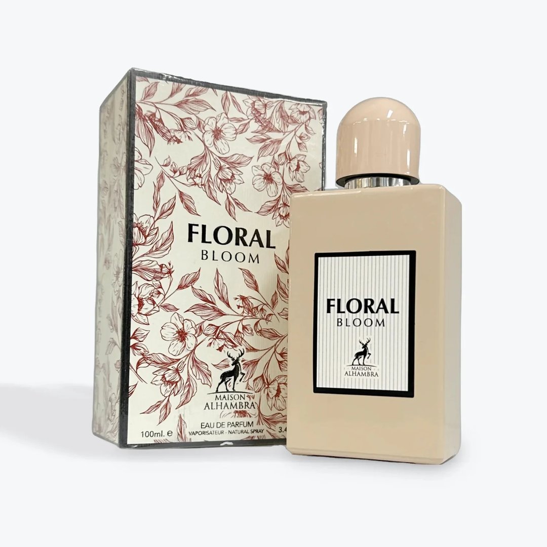 Maison Alhambra Floral Bloom — A beige perfume bottle and its floral patterned box stand side-by-side against a white background. | Maison Alhambra Floral Bloom — Botol minyak wangi berwarna beige dan kotaknya yang bermotif bunga berdiri bersebelahan di atas latar belakang putih.