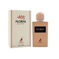 Maison Alhambra Floral Bloom — A beige perfume bottle with a light pink cap stands next to its matching beige box, both featuring a floral illustration and a deer logo. | Maison Alhambra Floral Bloom — Botol minyak wangi berwarna krim dengan penutup merah jambu muda berdiri di sebelah kotak sepadan berwarna krim