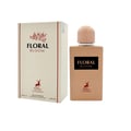 Maison Alhambra Floral Bloom — A beige perfume bottle and its matching box are displayed against a white background. The box features floral illustrations and text, while the bottle has a black label with text and a deer logo. | Maison Alhambra Floral Bloom — Sebotol minyak wangi berwarna beige dan kotak padanannya