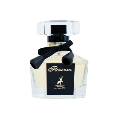 Maison Alhambra Florenza (Florence) 100ml — A clear glass perfume bottle with a black label featuring a deer silhouette and gold text, tied with a black ribbon and tassels. | Maison Alhambra Florenza (Florence) 100ml — Botol kaca jernih dengan label hitam menampilkan siluet rusa dan teks emas, diikat dengan reben