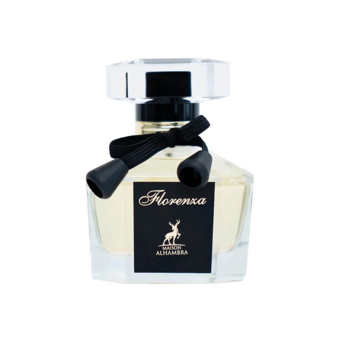 Maison Alhambra Florenza (Florence) 100ml — A clear glass perfume bottle with a black label featuring a deer silhouette and gold text, tied with a black ribbon and tassels. | Maison Alhambra Florenza (Florence) 100ml — Botol kaca jernih dengan label hitam menampilkan siluet rusa dan teks emas, diikat dengan reben