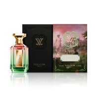 Velixir Harmonia Velixir Parfums 100ml for Unisex — A gradient glass perfume bottle with gold cap, showing pink to green hues, stands next to its black and colorful illustrated boxes. | Velixir Harmonia Velixir Parfums 100ml for Unisex — Botol minyak wangi kaca gradien dengan penutup emas, menunjukkan warna merah