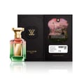 Velixir Harmonia Velixir Parfums 100ml for Unisex — A glass perfume bottle with a gradient of pink to green liquid and a gold cap, placed next to its black packaging box with ornate details and a circular image of a woman in a garden. | Velixir Harmonia Velixir Parfums 100ml for Unisex — Botol minyak wangi kaca dengan