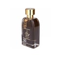 Ard Al Zaafaran Hayaati Oud by Ard Al Zaafaran 100ml EDP Unisex — A clear glass perfume bottle with dark brown liquid, featuring a gold cap and a black label with gold Arabic calligraphy and floral patterns.