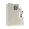 Lattafa Her Confession Lattafa 100ml EDP — A white textured box with a circular gold-rimmed window sits next to a white perfume bottle with a bust of a woman and gold accents.
