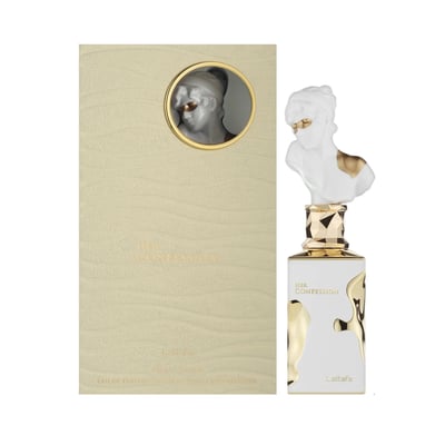 Lattafa Her Confession — Beige textured box with circular bust relief and gold accents next to a white perfume bottle with a sculpted bust cap and gold geometric base.