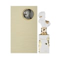 Lattafa Her Confession — Beige textured box with circular bust relief and gold accents next to a white perfume bottle with a sculpted bust cap and gold geometric base.