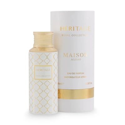 Maison Asrar Heritage by Maison Asrar 100ml EDP Unisex — White and gold patterned perfume bottle next to its cylindrical white and gold box, both featuring the Heritage Royal Collection branding.