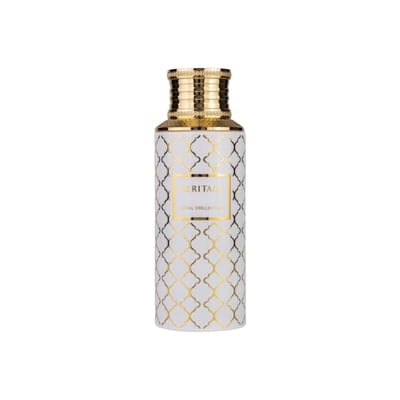 Maison Asrar Heritage by Maison Asrar 100ml EDP Unisex — White bottle with gold geometric pattern and gold ridged cap, label reads HERITAGE ROYAL COLLECTION