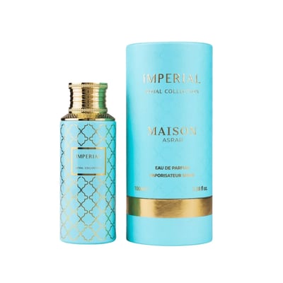 Maison Asrar Imperial by Maison Asrar 100ml EDP Unisex — Blue cylindrical box with gold accents and pattern, next to a matching blue perfume bottle with gold cap and pattern.