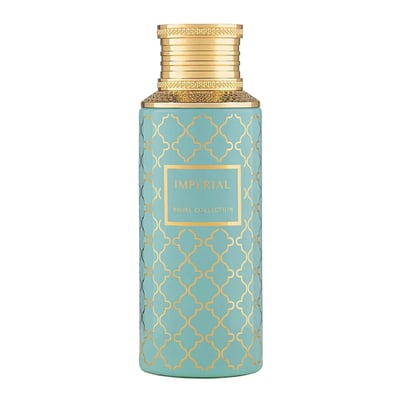 Maison Asrar Imperial by Maison Asrar 100ml EDP Unisex — A turquoise bottle with a gold geometric pattern and a gold cap, featuring a gold-bordered label with 'IMPERIAL' and 'ROYAL COLLECTION' text.
