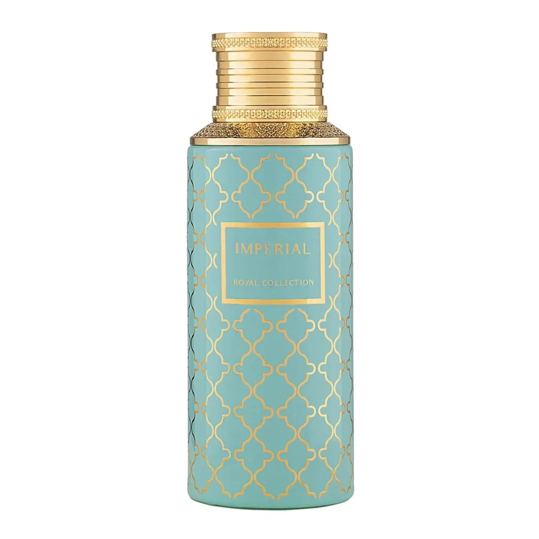 Maison Asrar Imperial by Maison Asrar 100ml EDP Unisex — Botol biru kehijauan dengan corak geometri emas dan penutup emas, tertulis 'IMPERIAL' dan 'ROYAL COLLECTION' pada label berbingkai emas.