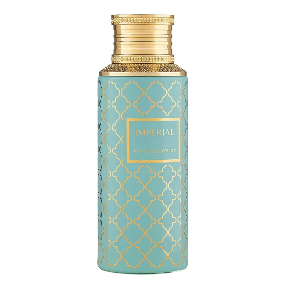 Maison Asrar Imperial oleh Maison Asrar 100ml EDP Unisex — Botol biru kehijauan bermotif geometri emas dan penutup emas, dengan label emas tertulis 'IMPERIAL ROYAL COLLECTION'.