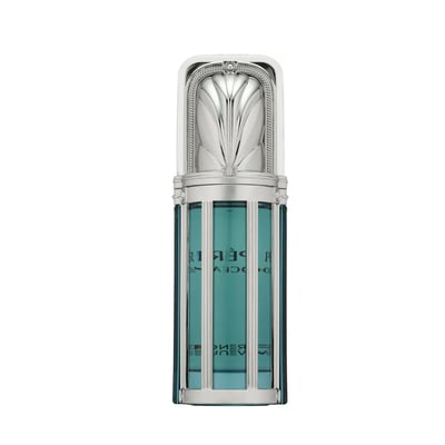 French Avenue Imperial Ocean French Avenue 100ml for Men — Tall glass perfume bottle with teal liquid, encased in a silver cage-like structure with an ornate silver cap.