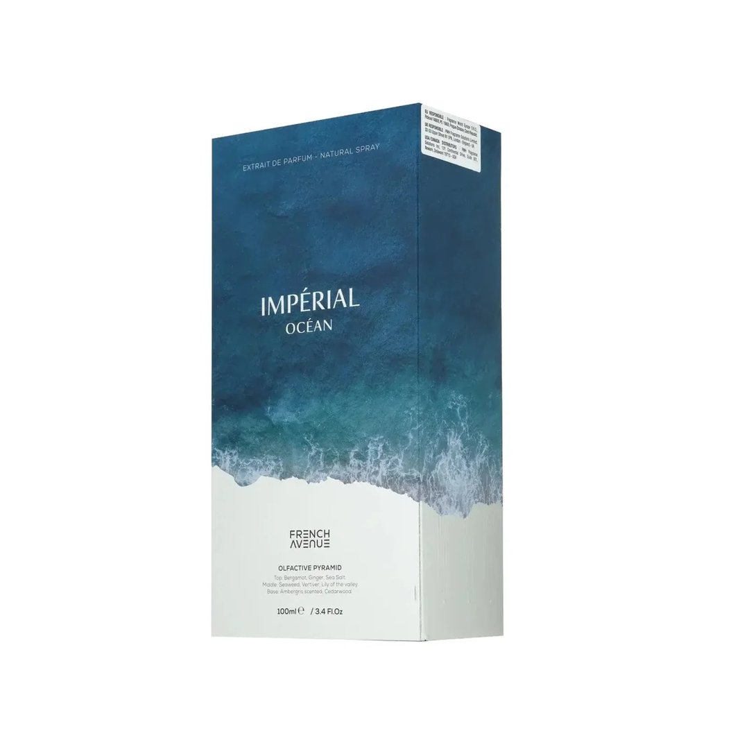 French Avenue Imperial Ocean — A perfume box with a blue ocean wave graphic and text details.