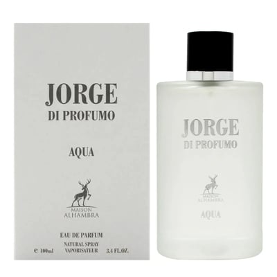 Maison Alhambra Jorge Di Profumo Aqua — A white box and a frosted glass perfume bottle with a black cap, both featuring silver text and a deer logo. | Maison Alhambra Jorge Di Profumo Aqua — Kotak putih dan botol minyak wangi kaca beku dengan penutup hitam, kedua-duanya menampilkan teks perak dan logo rusa.