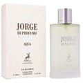 Maison Alhambra Jorge Di Profumo Aqua — A white box and a frosted glass bottle of Jorge Di Profumo Aqua perfume, with a deer logo on both. | Maison Alhambra Jorge Di Profumo Aqua — Kotak putih dan botol kaca beku minyak wangi Jorge Di Profumo Aqua, dengan logo rusa pada kedua-duanya.