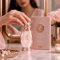 Zimaya Kibria Glory by Zimaya 100ml Women — Tangan wanita berinai memegang penutup berbentuk mahkota botol minyak wangi merah jambu. Kotak merah jambu dan bunga ros di latar belakang.