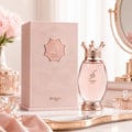 Zimaya Kibria Glory by Zimaya 100ml Wanita — Kotak merah jambu bertekstur dan botol minyak wangi kaca bujur dengan penutup berbentuk mahkota, diletakkan di atas permukaan marmar bersama mawar merah jambu dan mutiara.