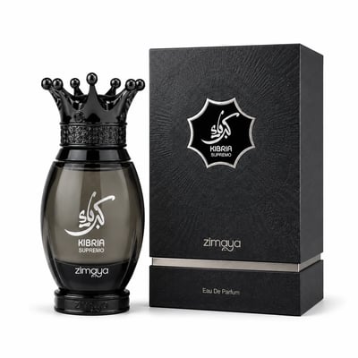 Zimaya Kibria Supremo by Zimaya 100ml Man — Black perfume bottle with a crown-shaped cap and textured black box, featuring Arabic script and 'KIBRIA SUPREMO' text.