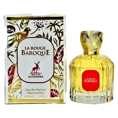 Maison Alhambra La Rouge Baroque 100ml — A perfume bottle with a gold patterned cap and a red label sits next to its ornate white and gold patterned box featuring birds and foliage. | Maison Alhambra La Rouge Baroque 100ml — Botol minyak wangi dengan penutup berona emas dan label merah duduk bersebelahan dengan kotak