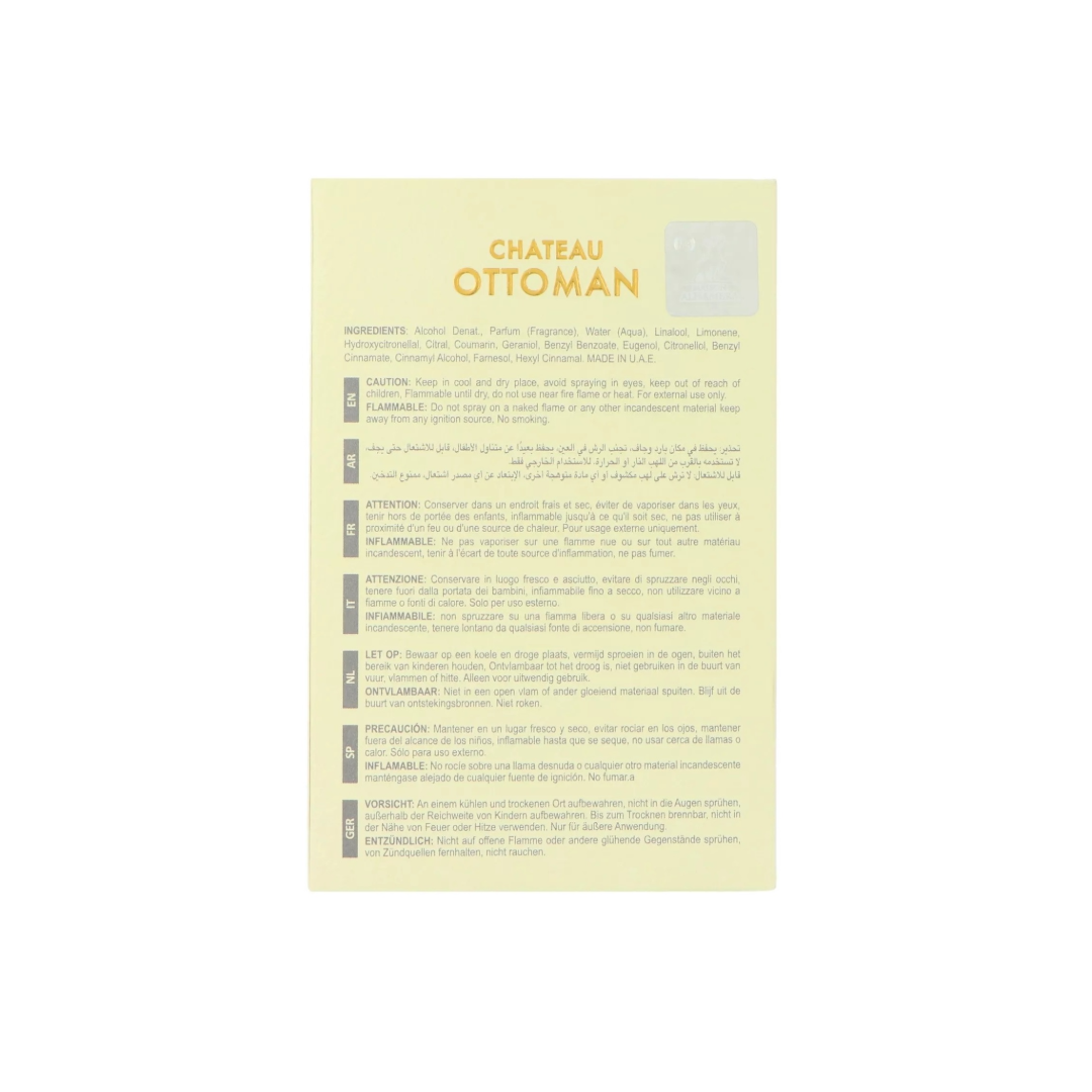 Maison Alhambra Chateau Ottoman by Maison Alhambra 100ml EDP — Product label with ingredients and safety warnings in multiple languages, including English, Arabic, French, Italian, Dutch, and German.