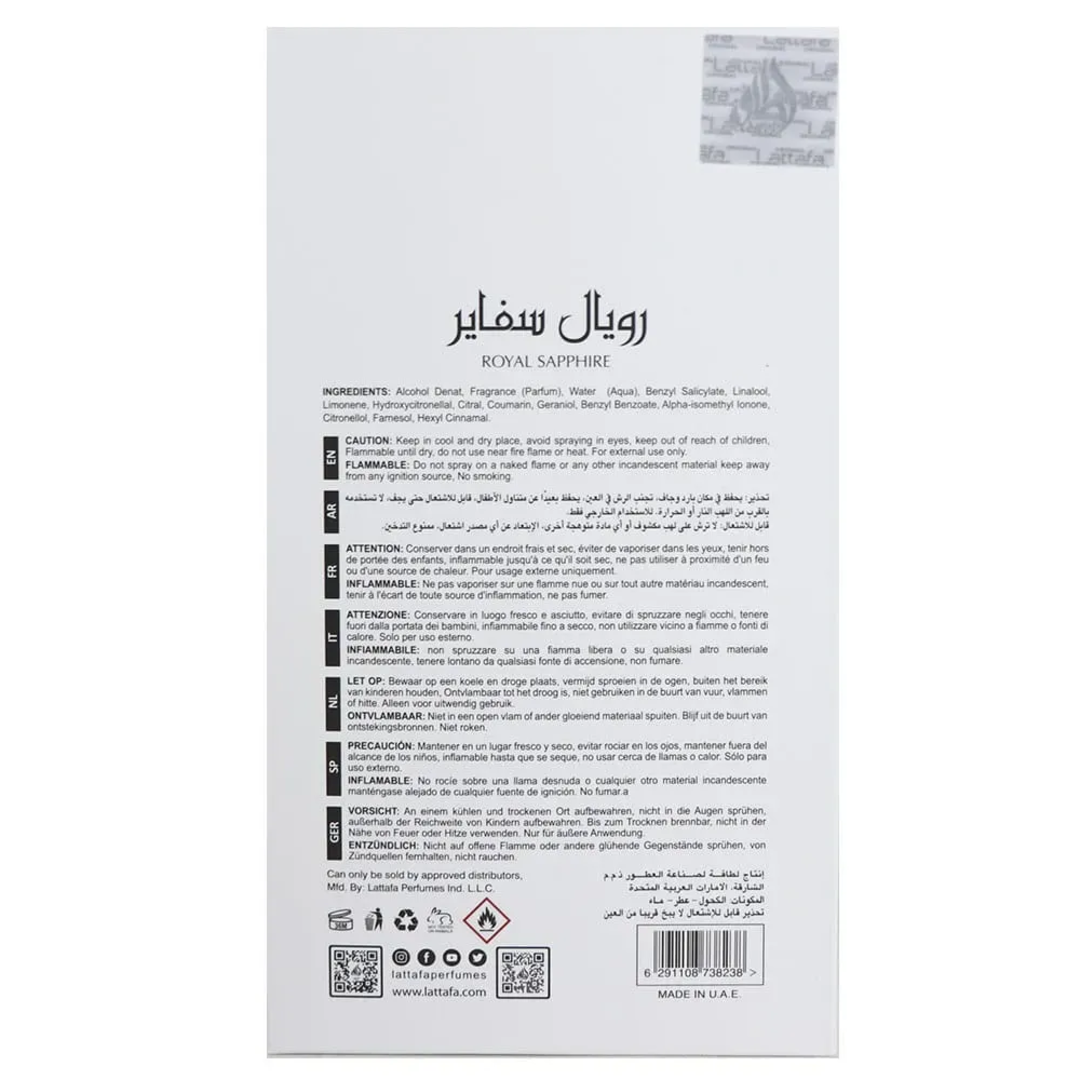 Lattafa Pride Sapphire Royal by Lattafa Pride 100ml EDP — Product label with Arabic and English text, ingredients, and warnings on a white background.