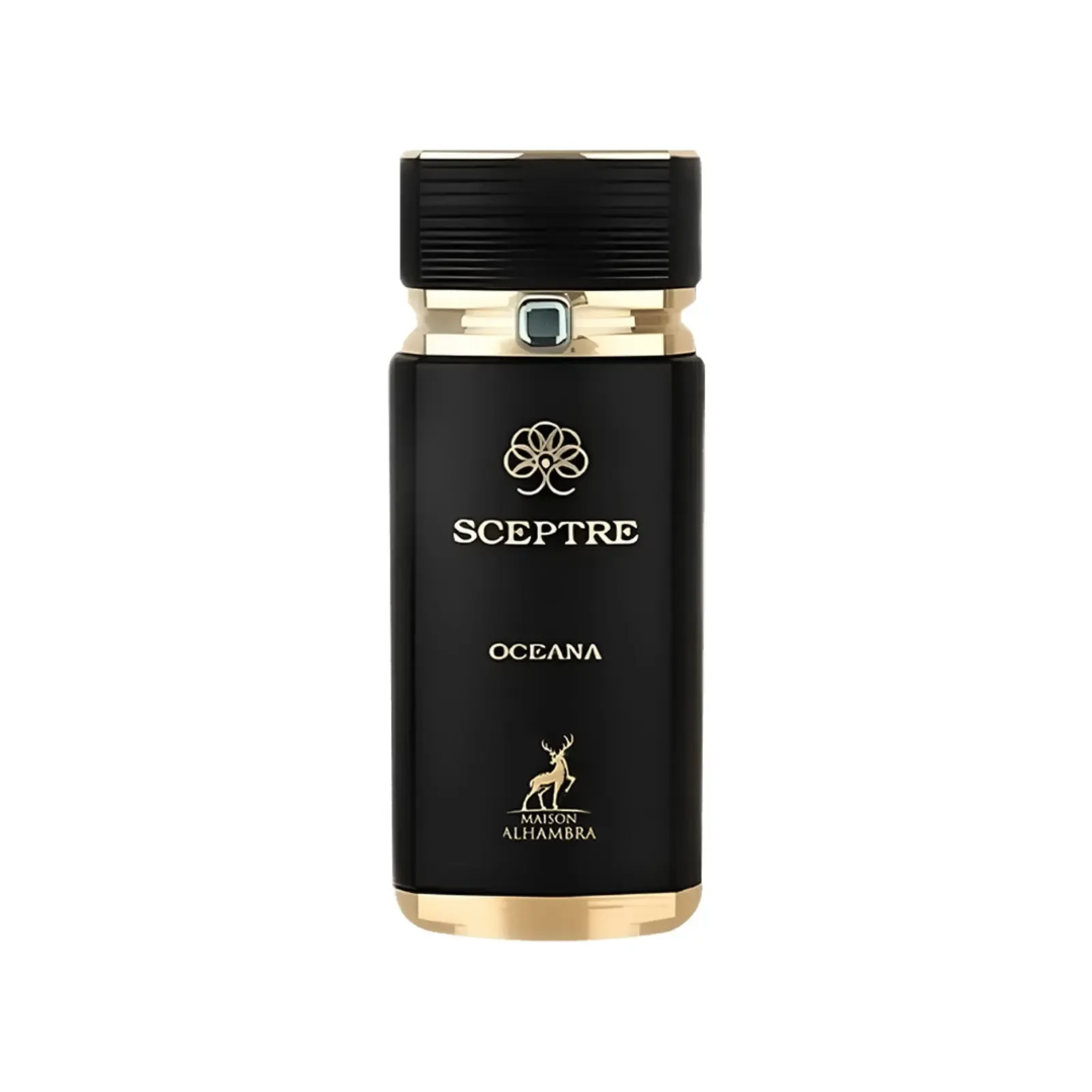 Maison Alhambra Sceptre Oceana — Black perfume bottle with gold accents, featuring a ribbed black cap with a small blue gem, and gold text and deer logo on the front.