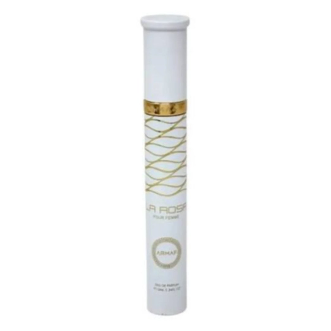Armaf La Rosa Eau De Parfum 10ml — White cylindrical perfume bottle with gold accents and a swirling gold pattern on the body. | Botol minyak wangi silinder putih dengan aksen emas dan corak emas berpusar pada badan.