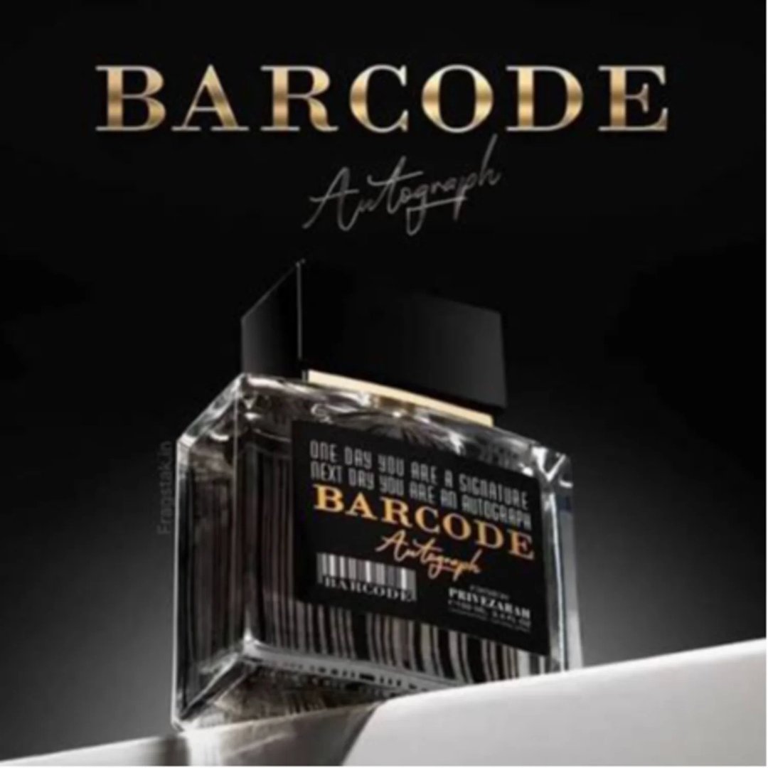 Paris Corner Autograph 100ml — A clear glass perfume bottle with a black cap and a black label featuring a barcode and gold text "BARCODE Autograph" against a dark gradient background. | Paris Corner Autograph 100ml — Botol minyak wangi kaca jernih dengan penutup hitam dan label hitam menampilkan kod bar dan teks emas