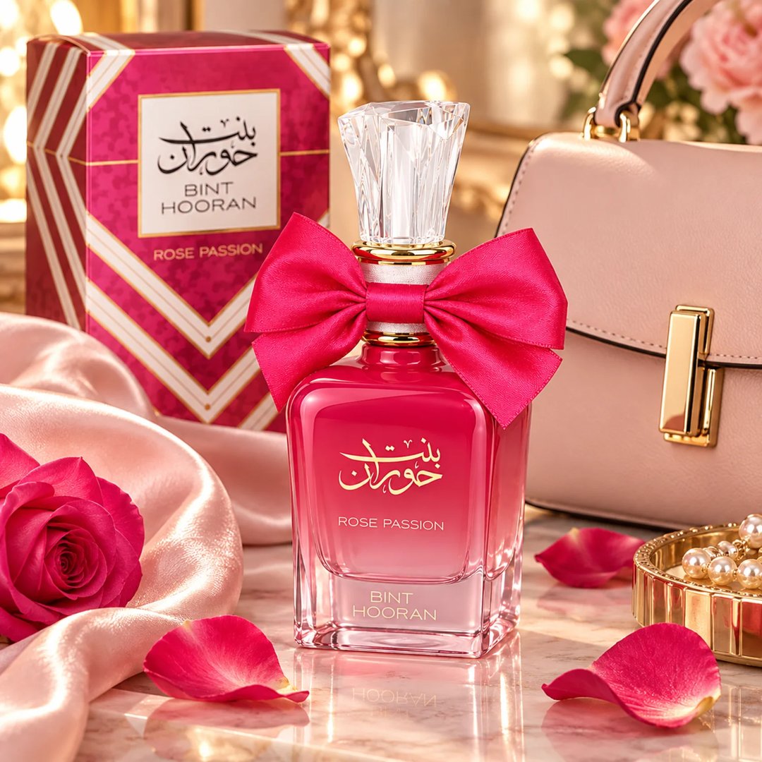 Ard Al Zaafaran Bint Hooran Rose Passion — Pink perfume bottle with a large satin bow, a matching gift box, a pink rose, and rose petals on a marble surface.