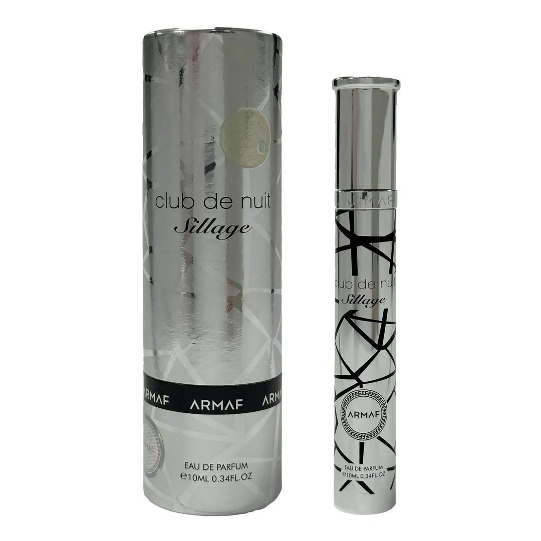 Armaf Club De Nuit Sillage by Armaf 10ml EDP Pen Spray Unisex — A silver cylindrical box and a matching silver pen spray bottle with black abstract line designs and text are displayed against a white background. | Kotak silinder perak dan botol semburan pen perak yang sepadan dengan reka bentuk garisan abstrak hitam