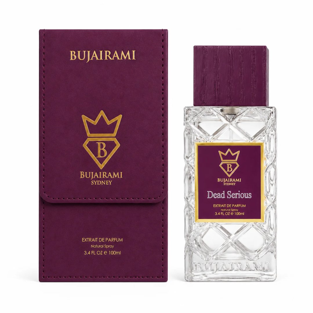 Bujairami Dead Serious by Bujairami 100ml Extrait Unisex — Clear faceted glass perfume bottle with a purple and gold label, next to a matching purple presentation box.