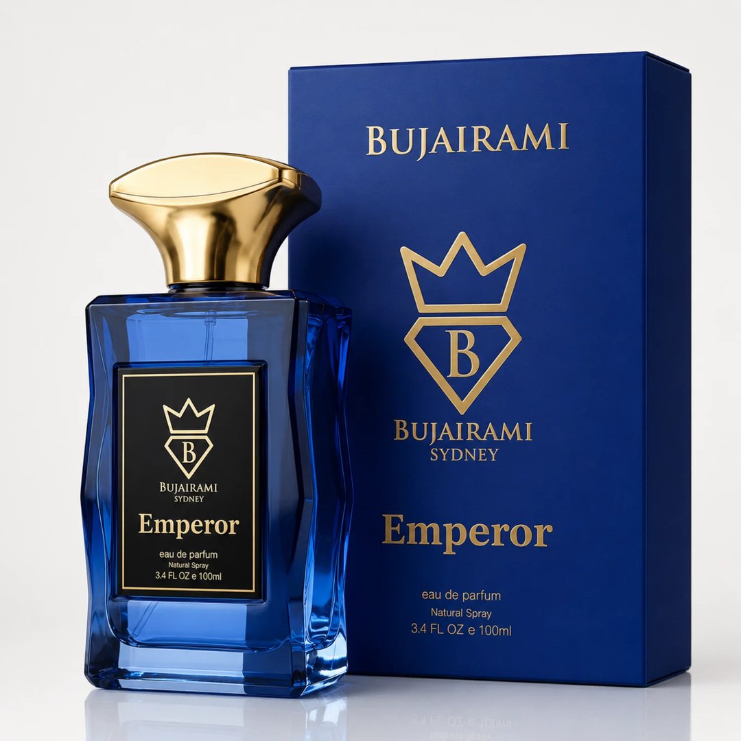 Bujairami Emperor — Blue glass perfume bottle with gold cap next to its blue box, both featuring the Bujairami logo and 'Emperor' text.