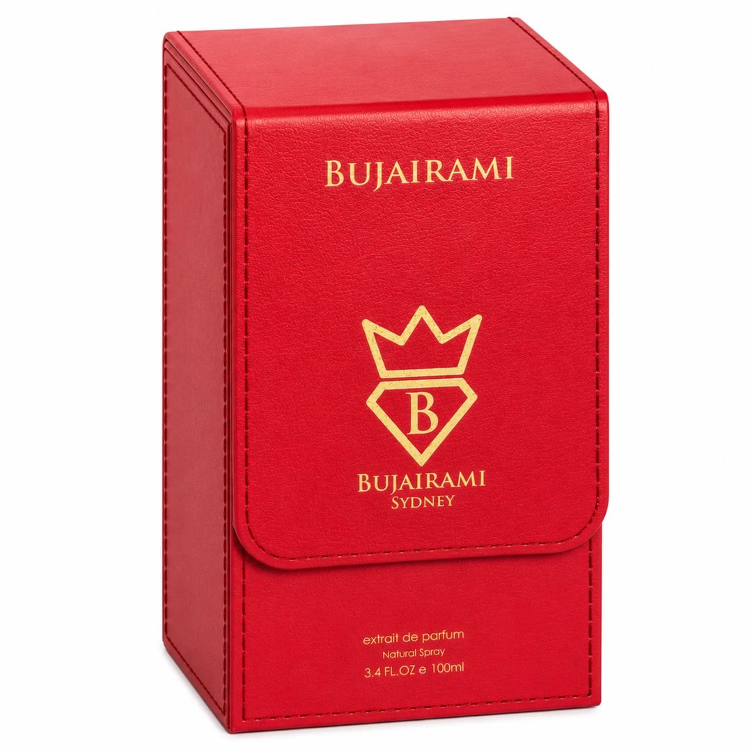 Bujairami First Class Amber Woody 100ml Extrait — Red textured box with gold crown logo and text 'BUJAIRAMI SYDNEY' on the front flap.