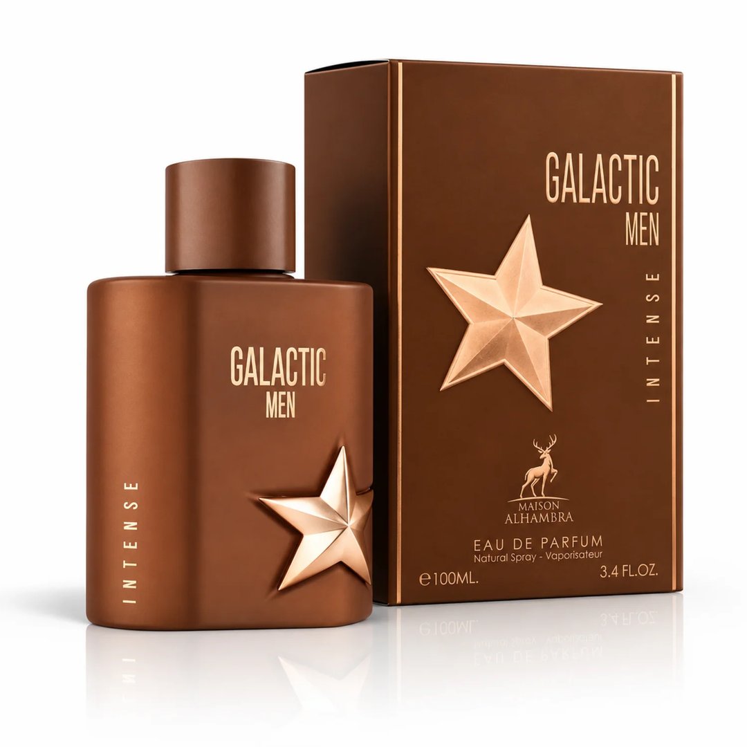 Maison Alhambra Galactic Men Intense by Maison Alhambra 100ml EDP — Brown matte bottle and matching box with gold star emblem and text 'Galactic Men Intense'