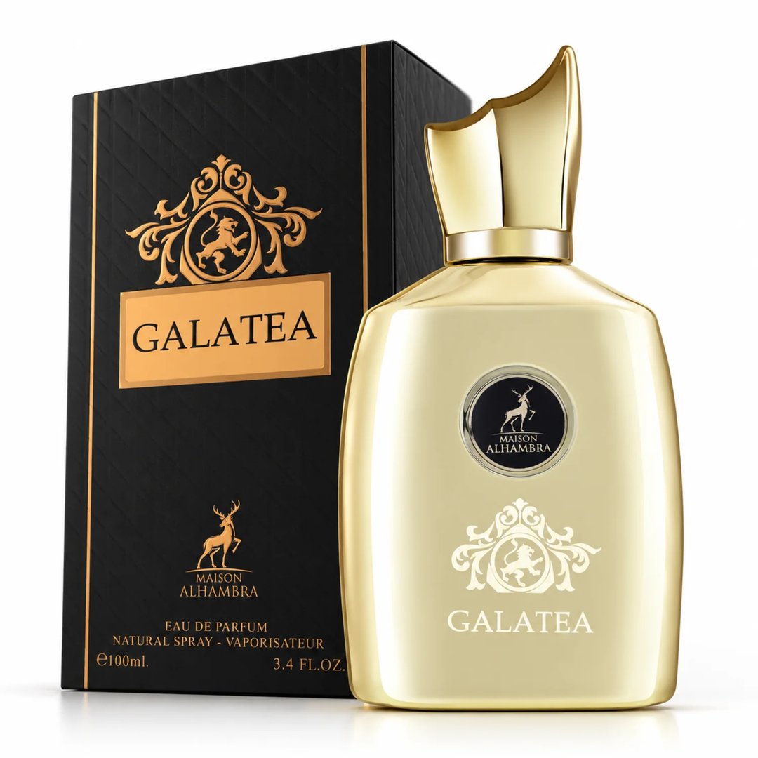 Maison Alhambra Galatea — Gold perfume bottle and black box with gold accents, featuring a lion crest and deer logo.