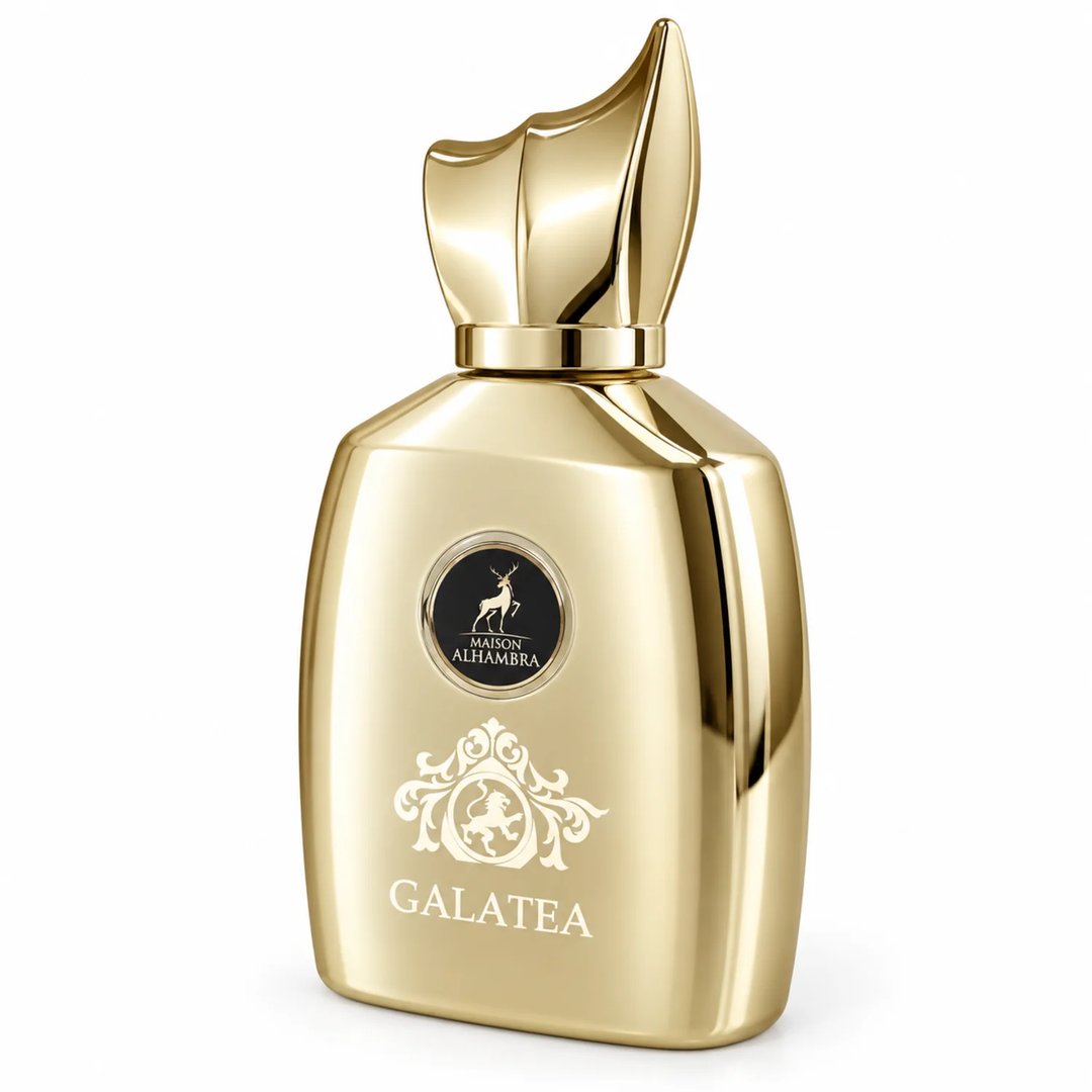 Maison Alhambra Galatea by Maison Alhambra 100ml EDP Unisex — A gleaming gold perfume bottle with an ornate cap, featuring a circular black label with a deer emblem and the text "MAISON ALHAMBRA", and a decorative crest above the name "GALATEA".