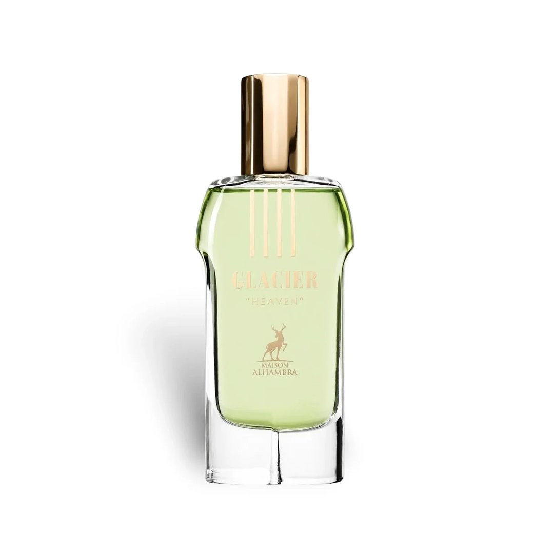 Maison Alhambra Glacier Heaven 100ml — A clear glass perfume bottle with light green liquid and a gold cap, featuring gold text and a deer logo on the label. | Maison Alhambra Glacier Heaven 100ml — Botol kaca jernih dengan cecair hijau muda dan penutup emas, menampilkan teks emas dan logo rusa pada label.