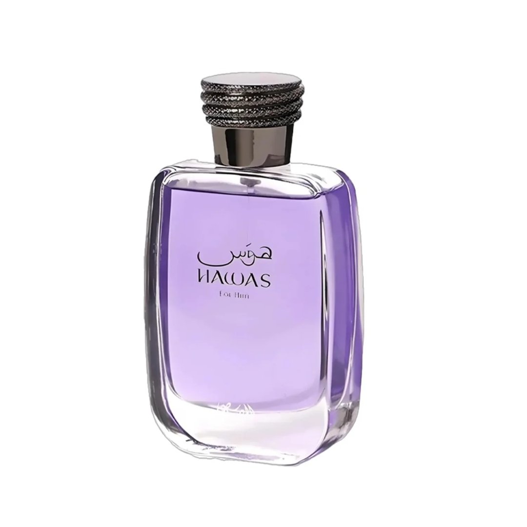 Rasasi Hawas For Him Eau De Parfum 100ml by Rasasi — A clear glass perfume bottle with purple liquid and a textured silver cap, featuring Arabic and English text on the front. | Rasasi Hawas For Him Eau De Parfum 100ml by Rasasi — Botol minyak wangi kaca jernih dengan cecair ungu dan penutup perak bertekstur
