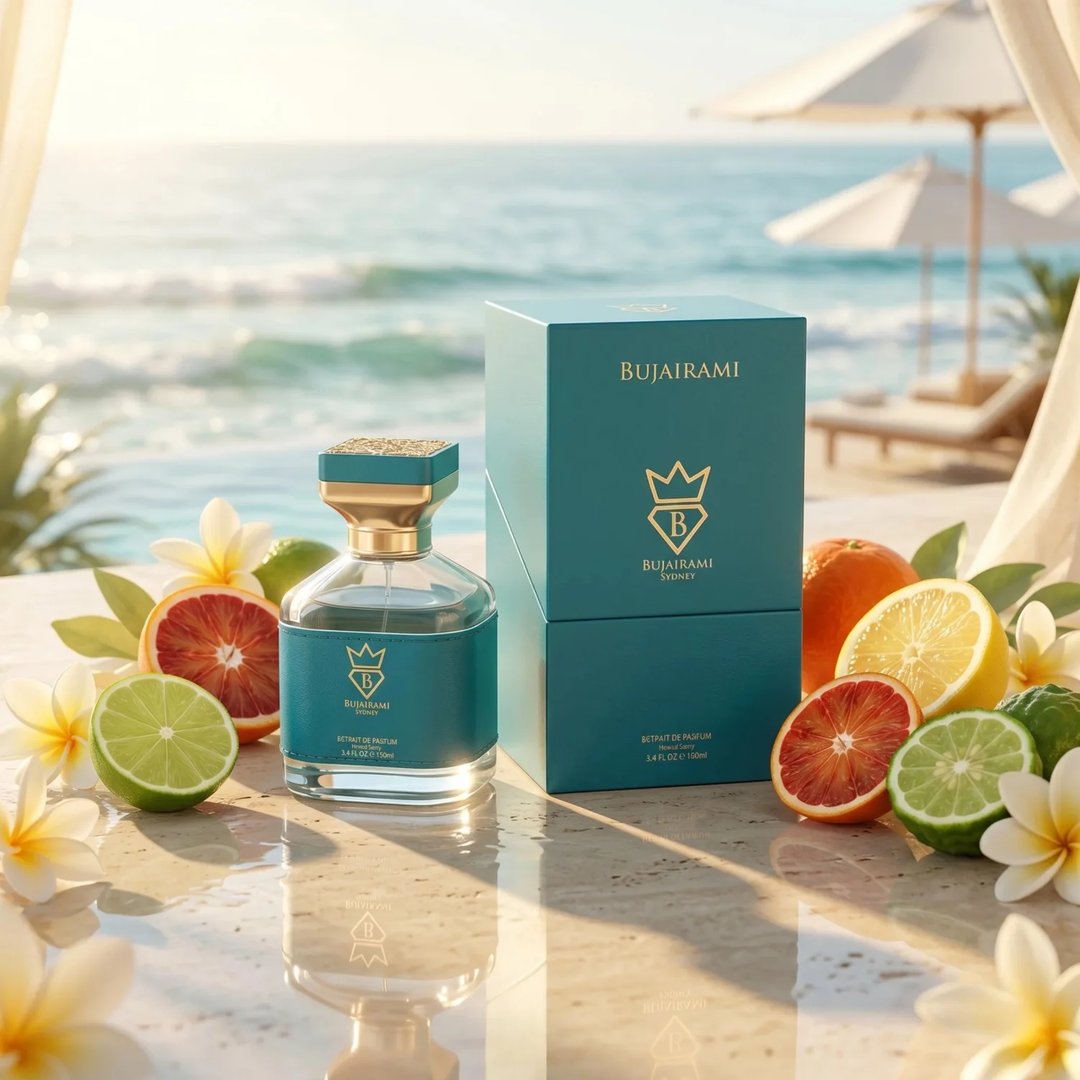 Bujairami Houdini by Bujairami 100ml Extrait — Teal perfume bottle and box with gold accents, surrounded by citrus fruits (blood orange, lime, lemon, kaffir lime) and white flowers, set against a beach and ocean backdrop.