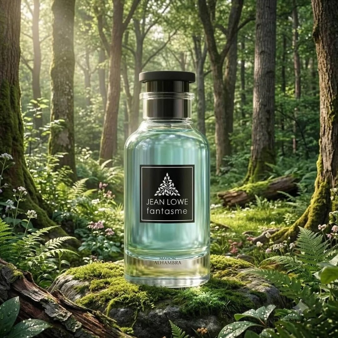 Maison Alhambra Jean Lowe Fantasme — A clear glass perfume bottle with a black cap and a black label featuring a white tree logo, set on mossy rocks in a lush, sun-dappled forest. | Maison Alhambra Jean Lowe Fantasme — Botol minyak wangi kaca jernih bertudung hitam dan berlabel hitam menampilkan logo pokok putih