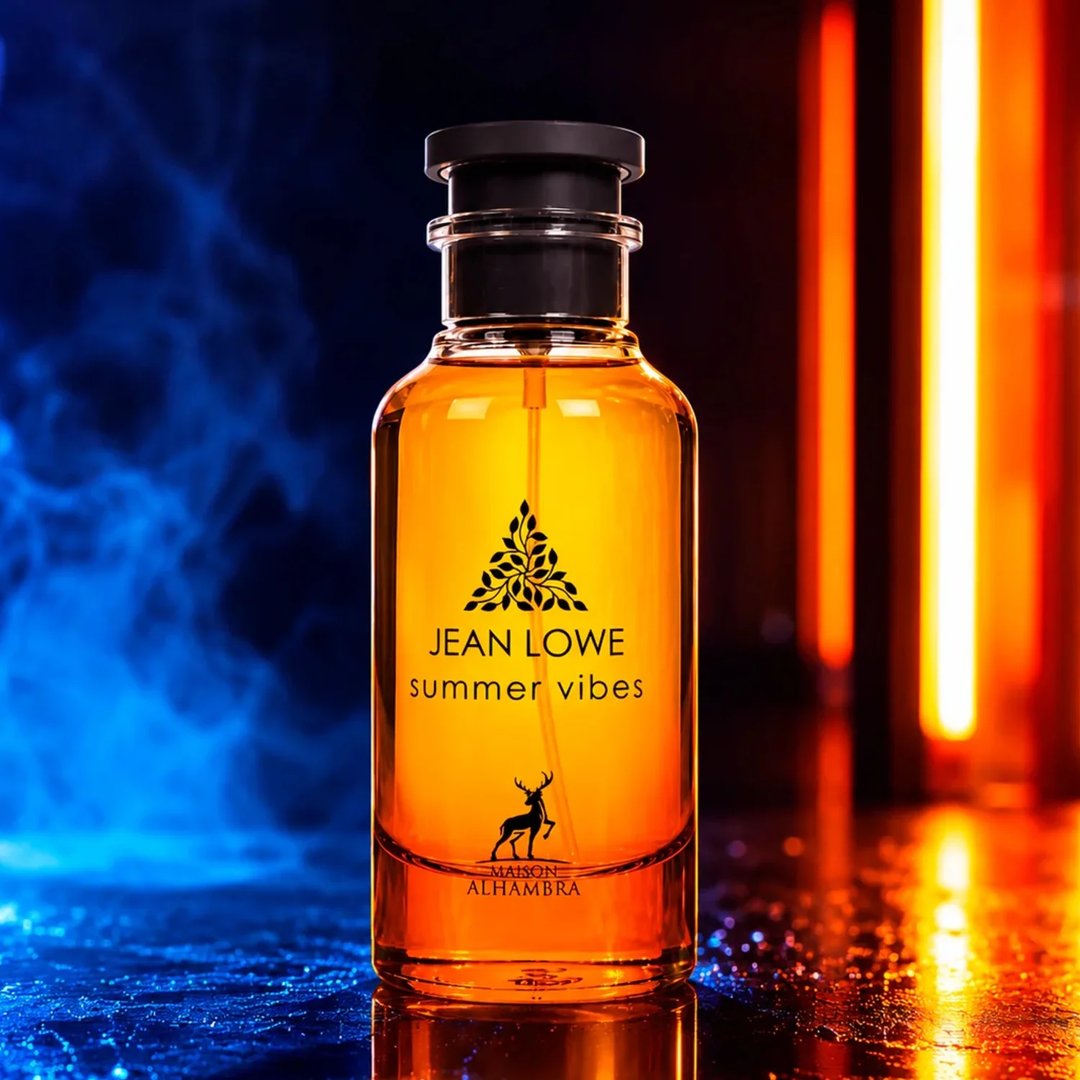 Maison Alhambra Jean Lowe Summer Vibes — A clear glass perfume bottle with amber liquid, a black cap, and a label featuring a tree logo, deer silhouette, and text, set against a dark background with blue smoke on the left and vertical orange lights on the right. | Maison Alhambra Jean Lowe Summer Vibes — Botol kaca