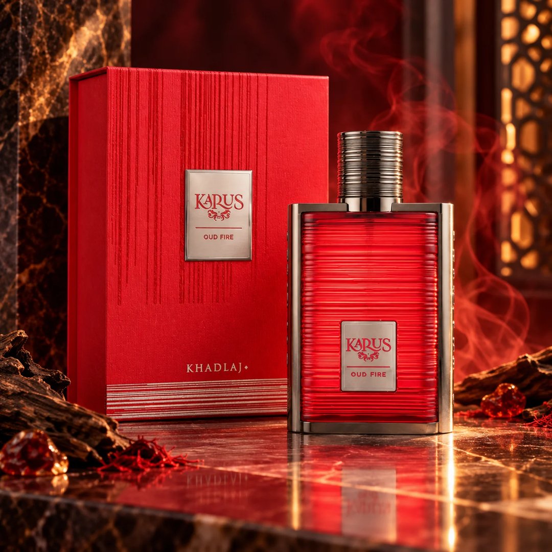 Karus Oud Fire by Khadlaj — Red textured box and matching red ribbed glass perfume bottle with silver cap, set on a marble surface with oud wood and saffron threads.