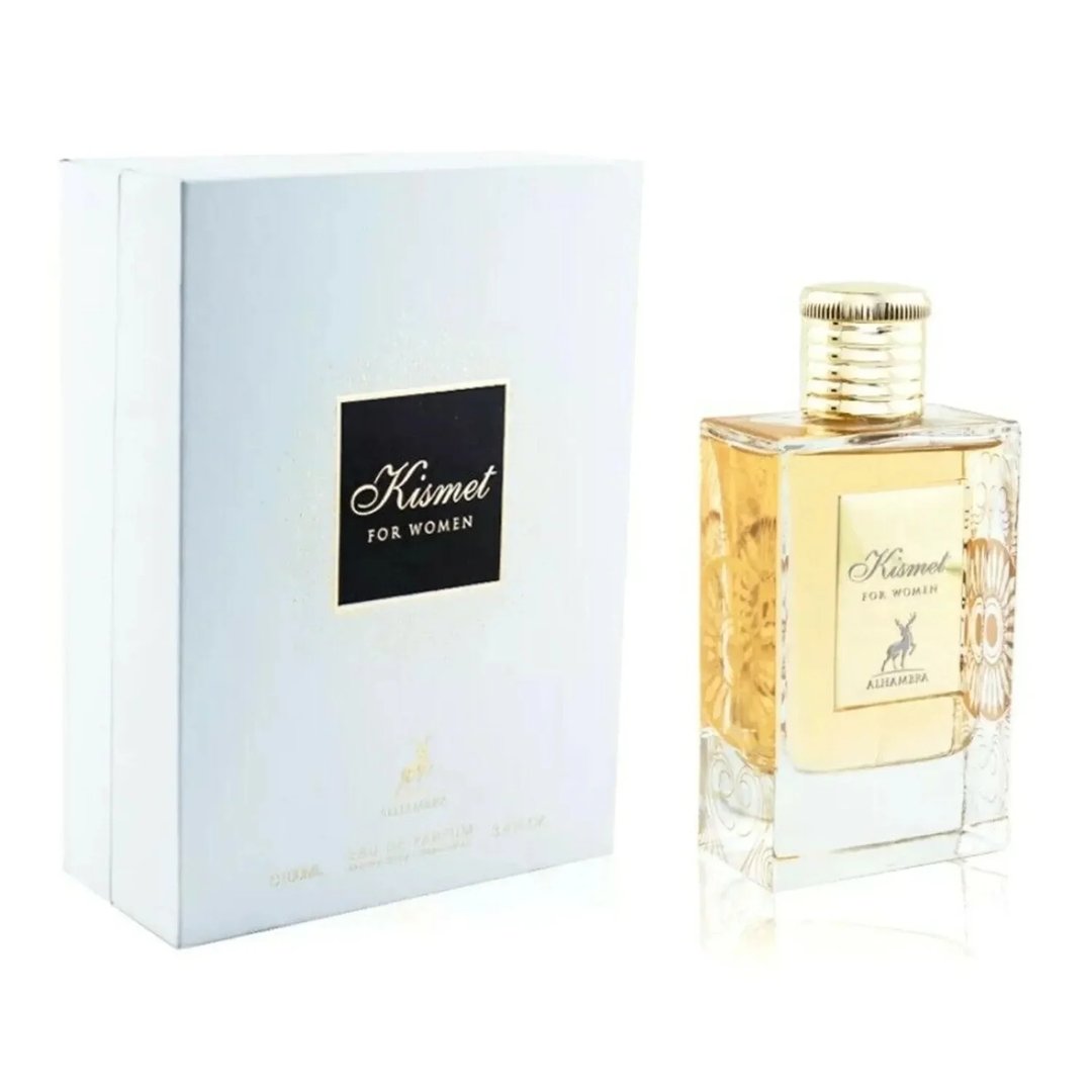 Maison Alhambra Kismet for Women 100ml by Maison Alhambra — A white box and a clear glass perfume bottle with gold accents and a deer emblem, displayed against a white background. | Maison Alhambra Kismet for Women 100ml by Maison Alhambra — Peti putih dan botol minyak wangi kaca jernih dengan perincian emas dan