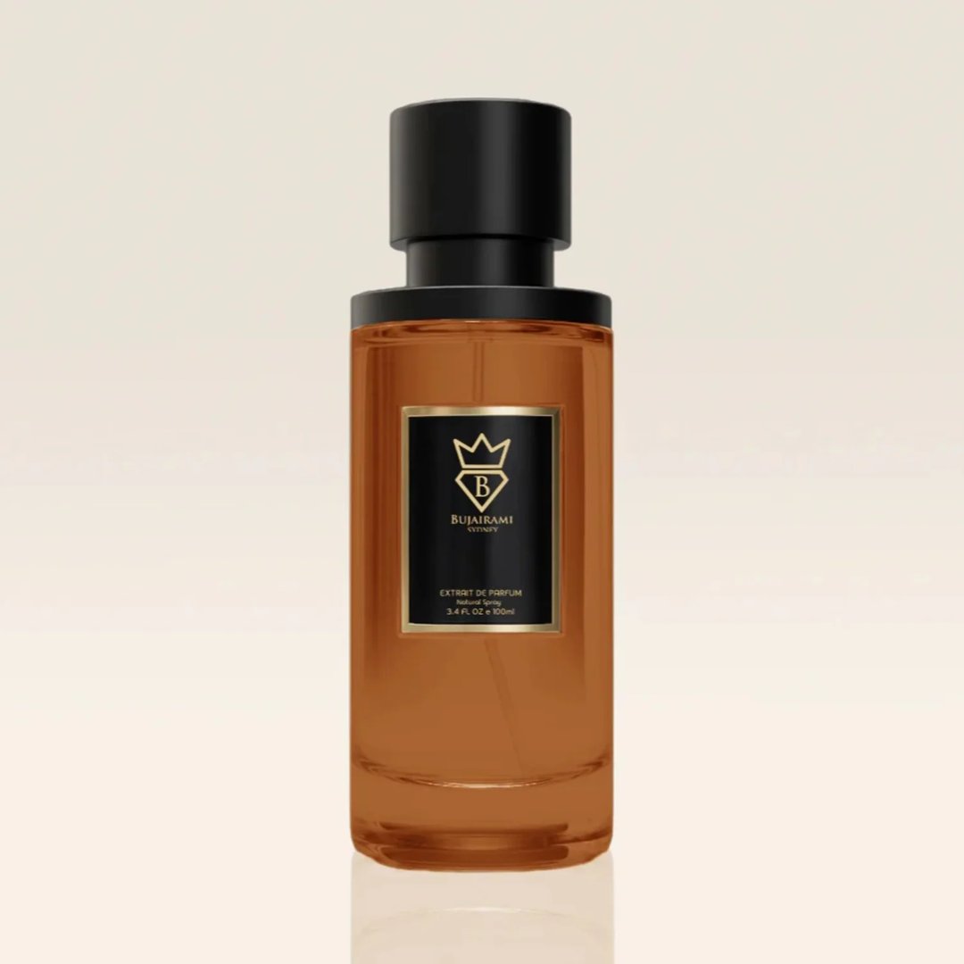 Bujairami Legacy by Bujairami 100ml Extrait — Amber glass perfume bottle with a black cap and a black label featuring a gold crown logo and text.