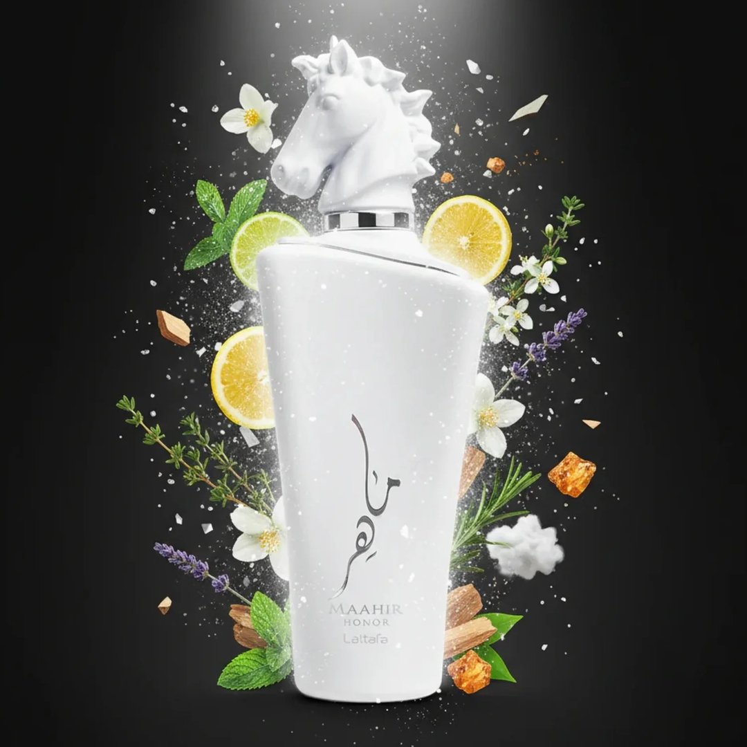 Lattafa Maahir Honor 100ml by Lattafa — White perfume bottle with a horse head cap, surrounded by scattered citrus slices, herbs, flowers, and amber chunks against a dark background. | Lattafa Maahir Honor 100ml by Lattafa — Botol minyak wangi putih dengan penutup kepala kuda, dikelilingi oleh hirisan sitrus, herba
